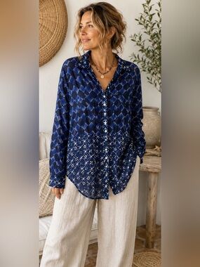 Dolma Sheer Cotton Boho Tunic Top XL Blue Mixed Print Button Front